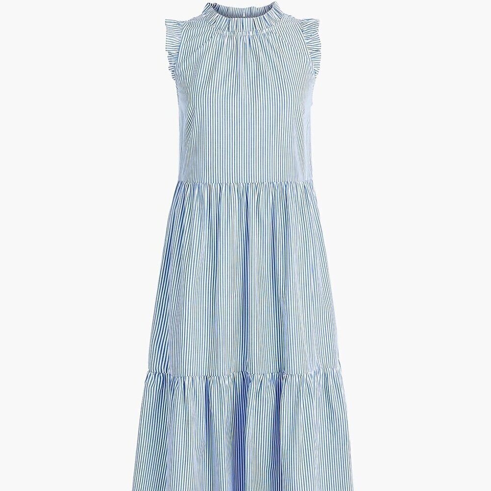 J.CREW Tiered Midi Ruffle Dress Blue & White Stripe Size 2 Coastal Summer Cotton
